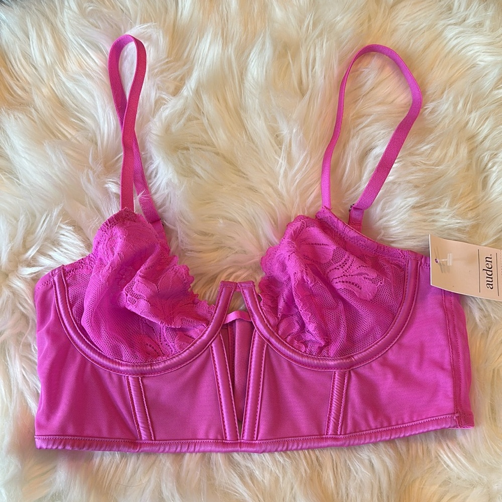 New!  Auden Women's Lace Mesh Underwire Lingerie Corset Bra Neon/bright Pink